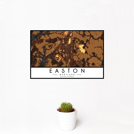 12x18 Easton Maryland Map Print Landscape Orientation in Ember Style With Small Cactus Plant in White Planter
