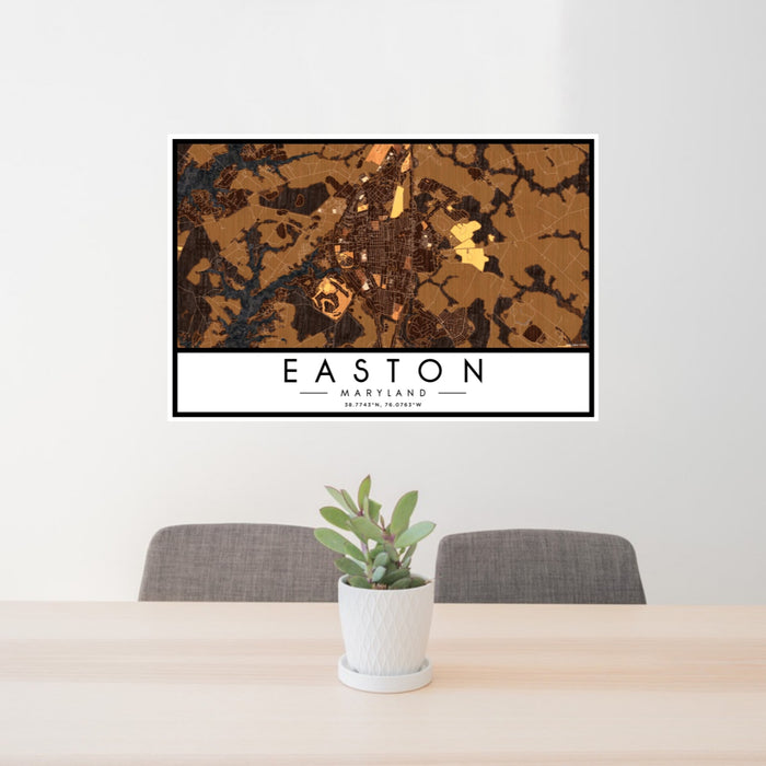 24x36 Easton Maryland Map Print Landscape Orientation in Ember Style Behind 2 Chairs Table and Potted Plant