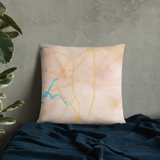 Custom Easton Maryland Map Throw Pillow in Watercolor on Bedding Against Wall