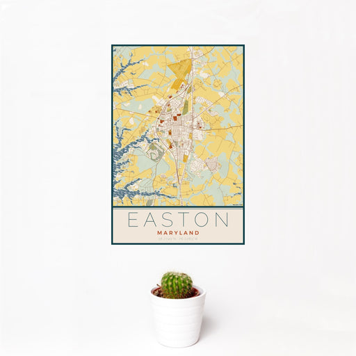 12x18 Easton Maryland Map Print Portrait Orientation in Woodblock Style With Small Cactus Plant in White Planter