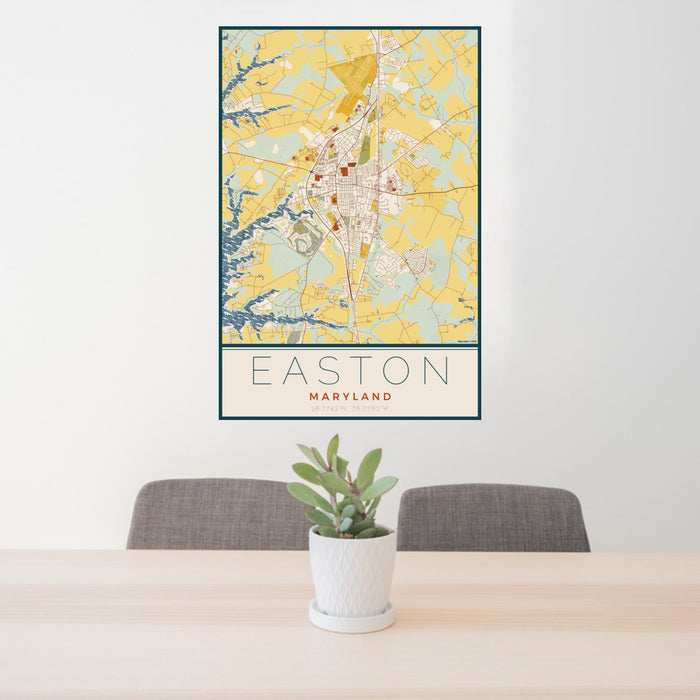24x36 Easton Maryland Map Print Portrait Orientation in Woodblock Style Behind 2 Chairs Table and Potted Plant