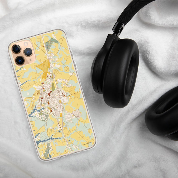 Custom Easton Maryland Map Phone Case in Woodblock on Table with Black Headphones