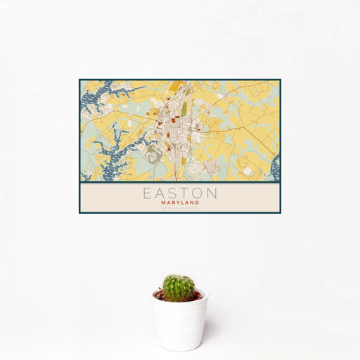 12x18 Easton Maryland Map Print Landscape Orientation in Woodblock Style With Small Cactus Plant in White Planter