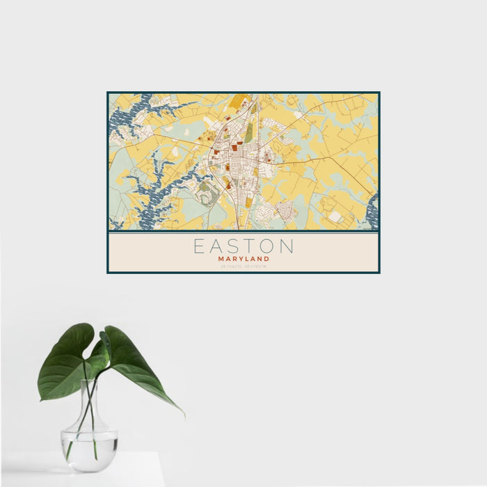 16x24 Easton Maryland Map Print Landscape Orientation in Woodblock Style With Tropical Plant Leaves in Water