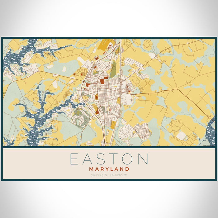 Easton Maryland Map Print Landscape Orientation in Woodblock Style With Shaded Background