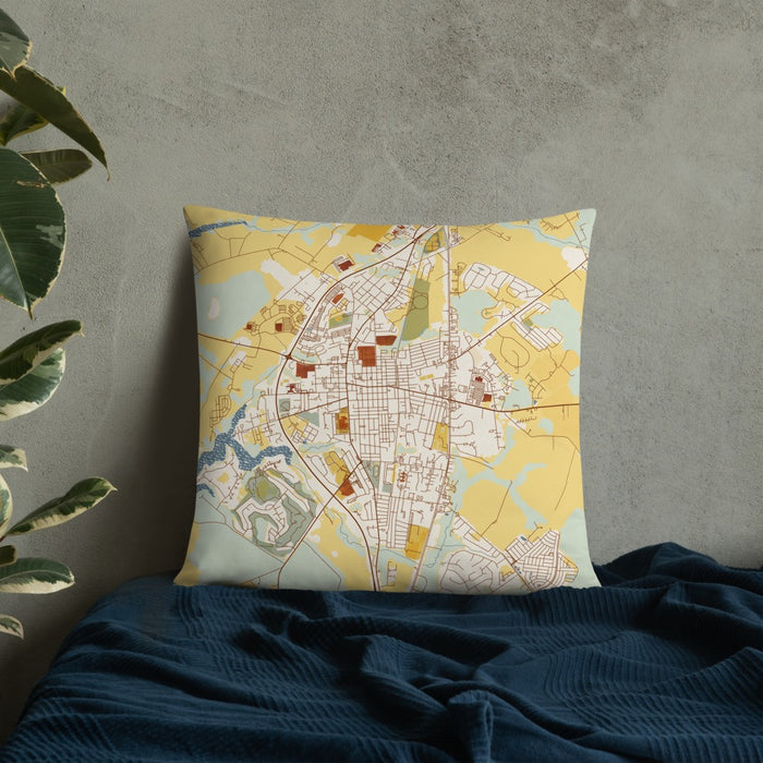 Custom Easton Maryland Map Throw Pillow in Woodblock on Bedding Against Wall
