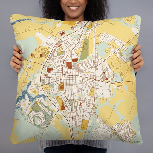 Person holding 22x22 Custom Easton Maryland Map Throw Pillow in Woodblock
