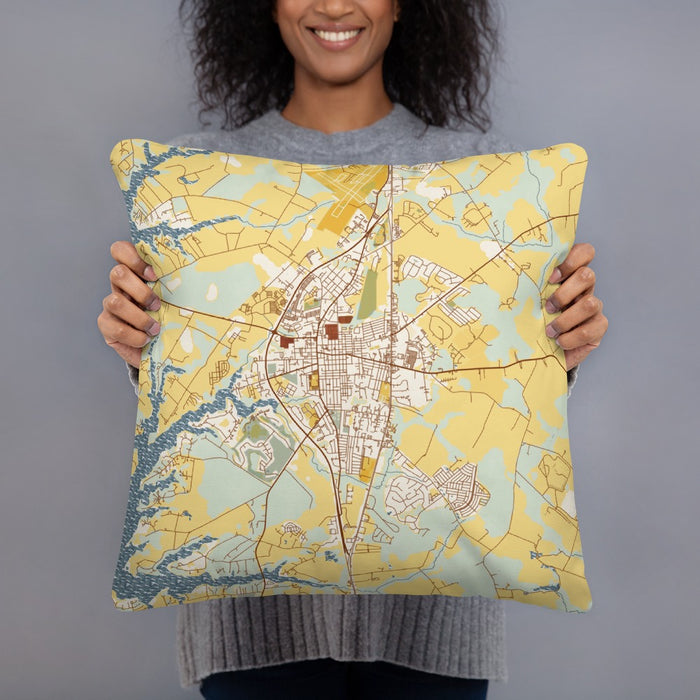 Person holding 18x18 Custom Easton Maryland Map Throw Pillow in Woodblock