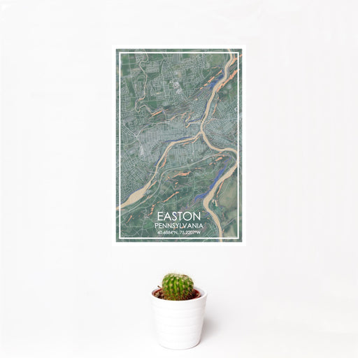 12x18 Easton Pennsylvania Map Print Portrait Orientation in Afternoon Style With Small Cactus Plant in White Planter