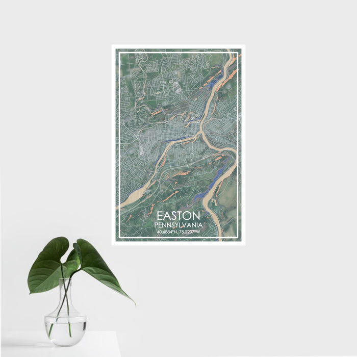 16x24 Easton Pennsylvania Map Print Portrait Orientation in Afternoon Style With Tropical Plant Leaves in Water