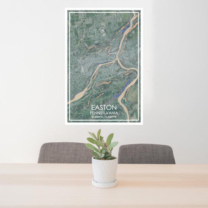 24x36 Easton Pennsylvania Map Print Portrait Orientation in Afternoon Style Behind 2 Chairs Table and Potted Plant