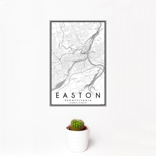 12x18 Easton Pennsylvania Map Print Portrait Orientation in Classic Style With Small Cactus Plant in White Planter
