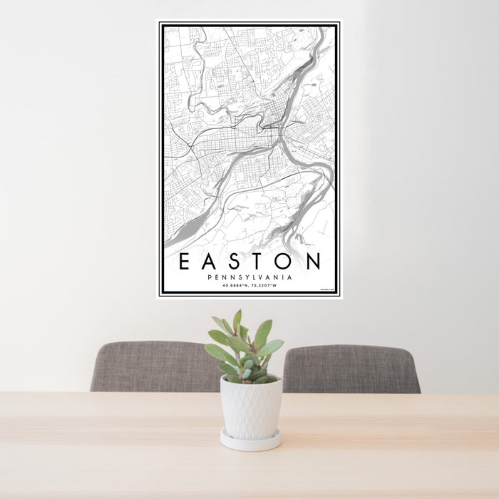 24x36 Easton Pennsylvania Map Print Portrait Orientation in Classic Style Behind 2 Chairs Table and Potted Plant