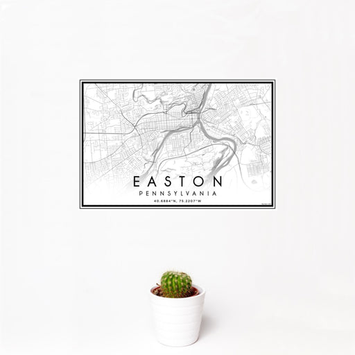 12x18 Easton Pennsylvania Map Print Landscape Orientation in Classic Style With Small Cactus Plant in White Planter