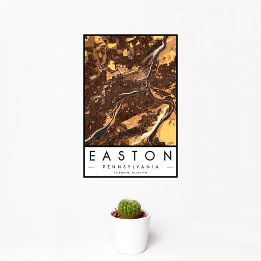 12x18 Easton Pennsylvania Map Print Portrait Orientation in Ember Style With Small Cactus Plant in White Planter