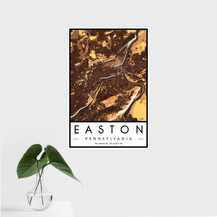 16x24 Easton Pennsylvania Map Print Portrait Orientation in Ember Style With Tropical Plant Leaves in Water