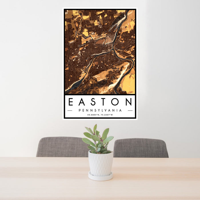 24x36 Easton Pennsylvania Map Print Portrait Orientation in Ember Style Behind 2 Chairs Table and Potted Plant