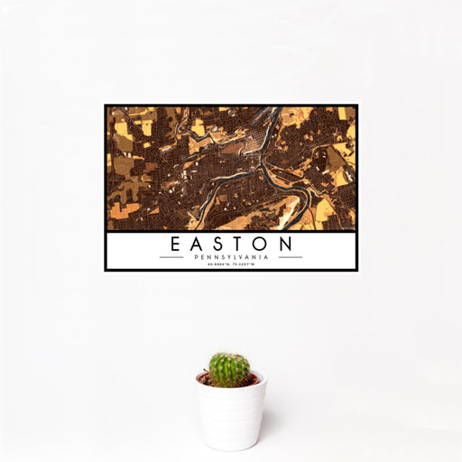 12x18 Easton Pennsylvania Map Print Landscape Orientation in Ember Style With Small Cactus Plant in White Planter