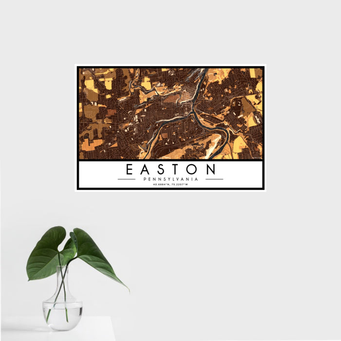 16x24 Easton Pennsylvania Map Print Landscape Orientation in Ember Style With Tropical Plant Leaves in Water