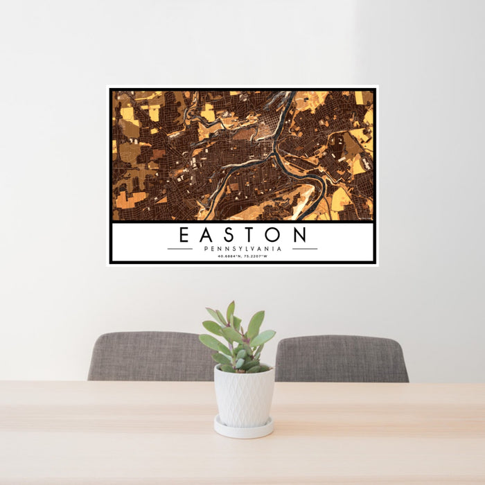 24x36 Easton Pennsylvania Map Print Landscape Orientation in Ember Style Behind 2 Chairs Table and Potted Plant