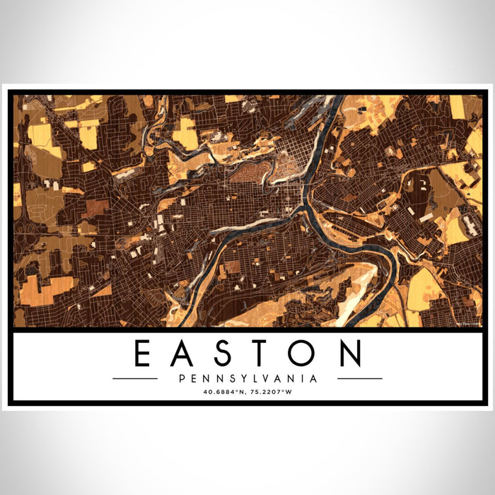 Easton Pennsylvania Map Print Landscape Orientation in Ember Style With Shaded Background