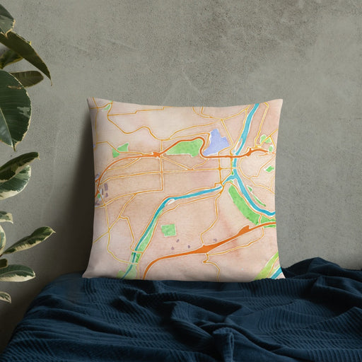 Custom Easton Pennsylvania Map Throw Pillow in Watercolor on Bedding Against Wall