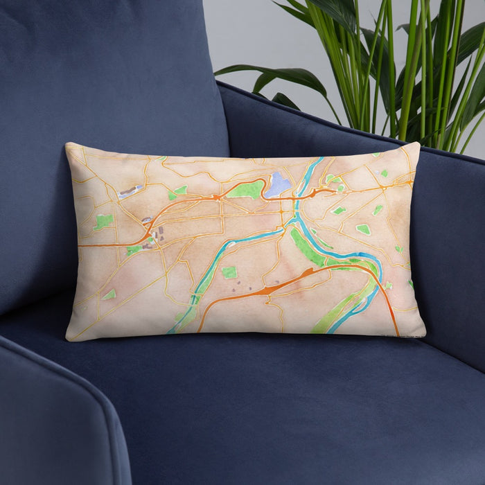 Custom Easton Pennsylvania Map Throw Pillow in Watercolor on Blue Colored Chair