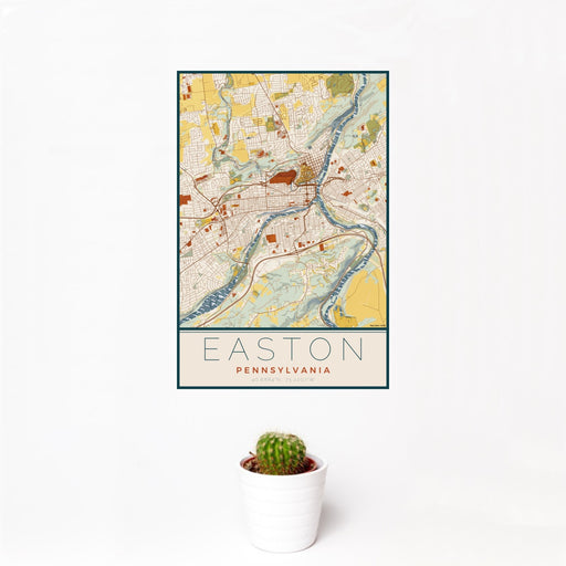 12x18 Easton Pennsylvania Map Print Portrait Orientation in Woodblock Style With Small Cactus Plant in White Planter