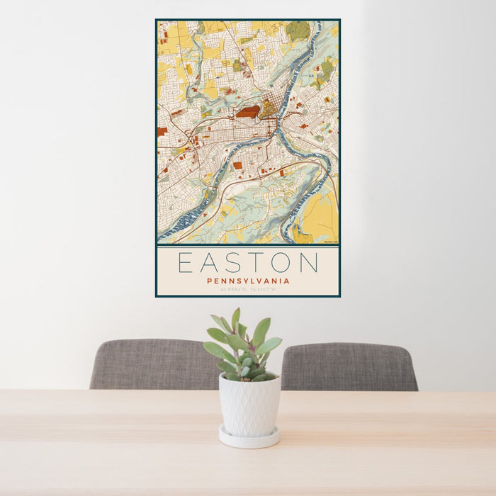 24x36 Easton Pennsylvania Map Print Portrait Orientation in Woodblock Style Behind 2 Chairs Table and Potted Plant
