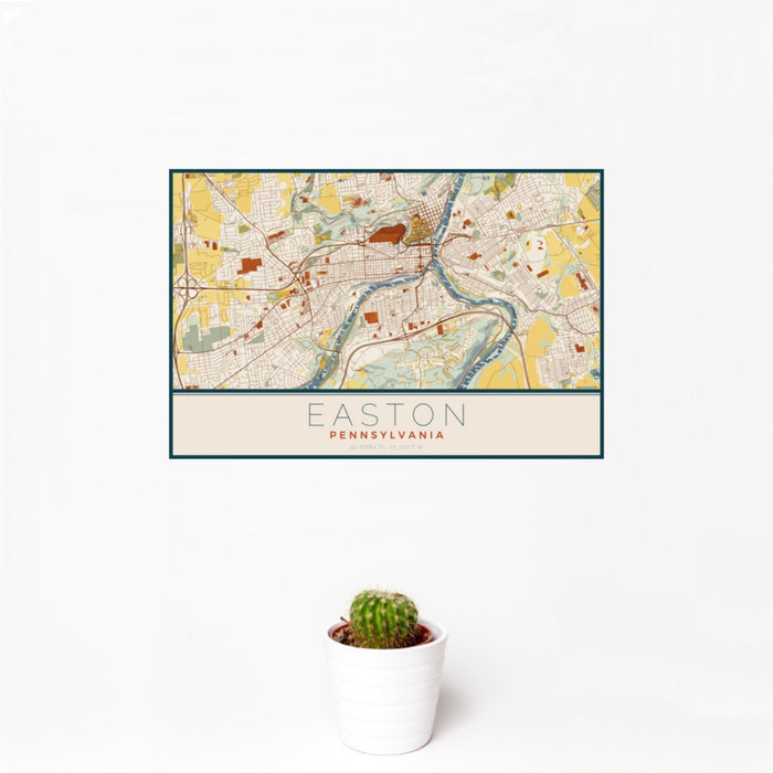 12x18 Easton Pennsylvania Map Print Landscape Orientation in Woodblock Style With Small Cactus Plant in White Planter