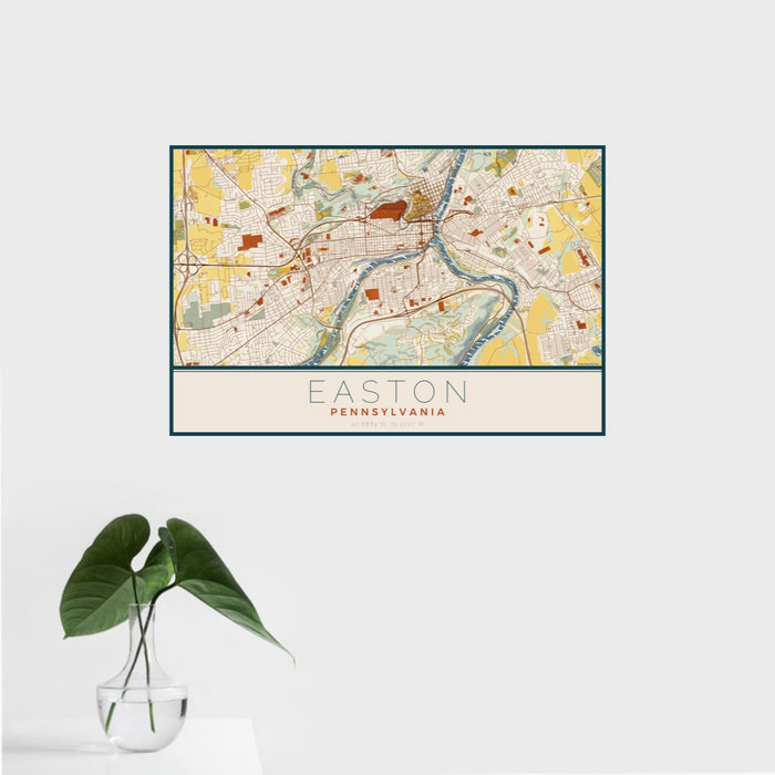 16x24 Easton Pennsylvania Map Print Landscape Orientation in Woodblock Style With Tropical Plant Leaves in Water