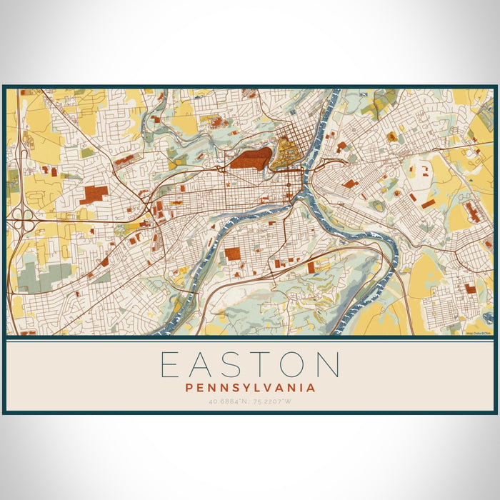 Easton Pennsylvania Map Print Landscape Orientation in Woodblock Style With Shaded Background