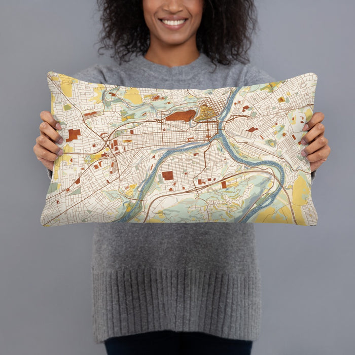 Person holding 20x12 Custom Easton Pennsylvania Map Throw Pillow in Woodblock