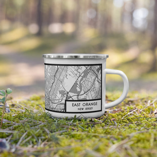 Right View Custom East Orange New Jersey Map Enamel Mug in Classic on Grass With Trees in Background