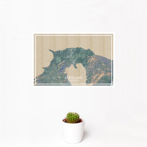 12x18 Eastsound Washington Map Print Landscape Orientation in Afternoon Style With Small Cactus Plant in White Planter