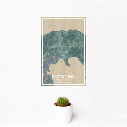 12x18 Eastsound Washington Map Print Portrait Orientation in Afternoon Style With Small Cactus Plant in White Planter