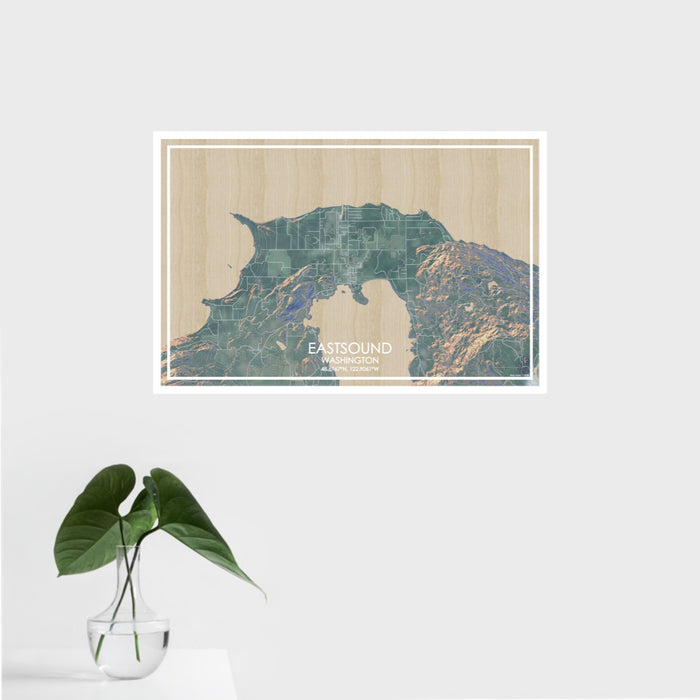 16x24 Eastsound Washington Map Print Landscape Orientation in Afternoon Style With Tropical Plant Leaves in Water