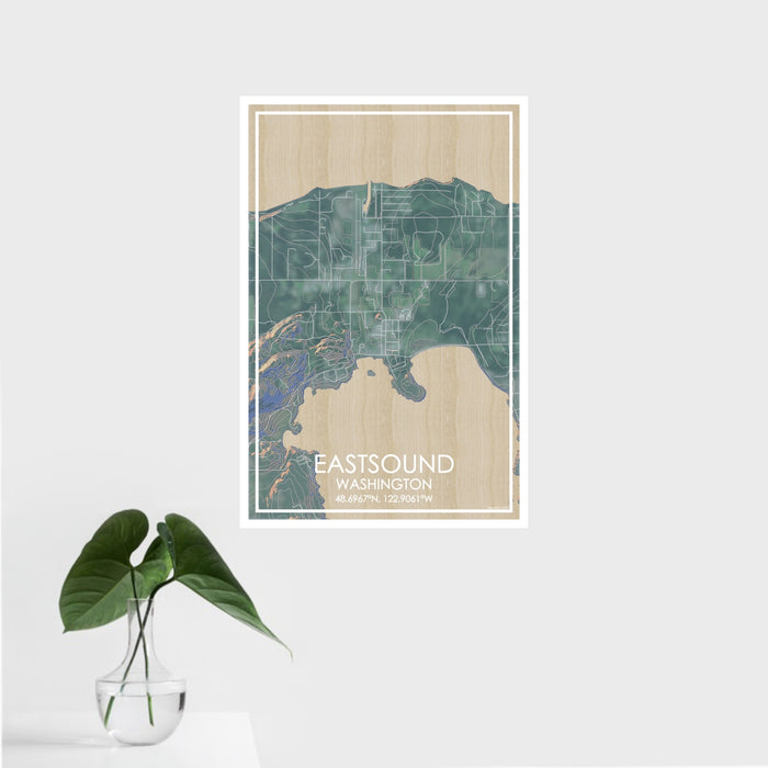 16x24 Eastsound Washington Map Print Portrait Orientation in Afternoon Style With Tropical Plant Leaves in Water