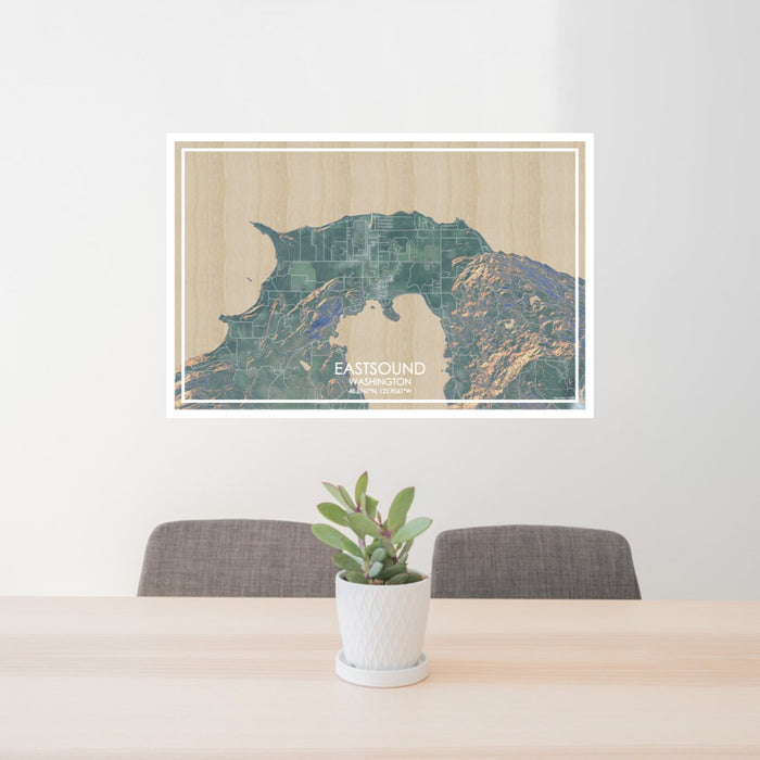 24x36 Eastsound Washington Map Print Lanscape Orientation in Afternoon Style Behind 2 Chairs Table and Potted Plant