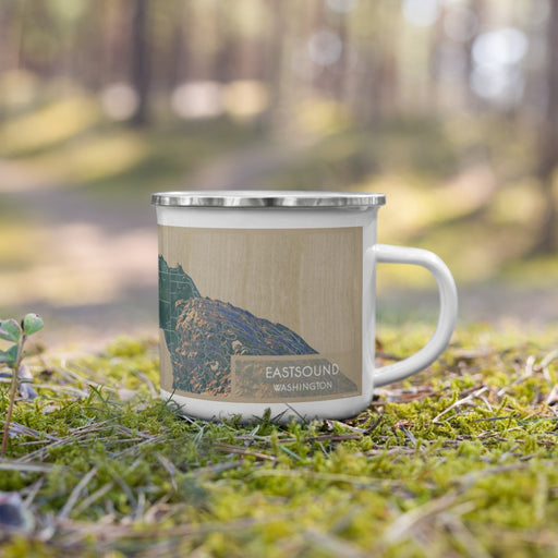 Right View Custom Eastsound Washington Map Enamel Mug in Afternoon on Grass With Trees in Background