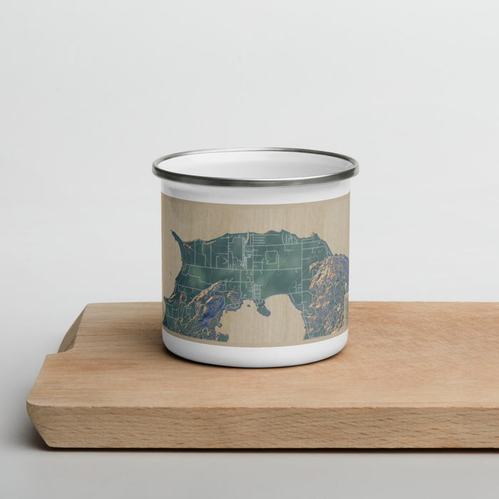 Front View Custom Eastsound Washington Map Enamel Mug in Afternoon on Cutting Board