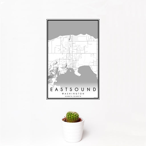 12x18 Eastsound Washington Map Print Portrait Orientation in Classic Style With Small Cactus Plant in White Planter