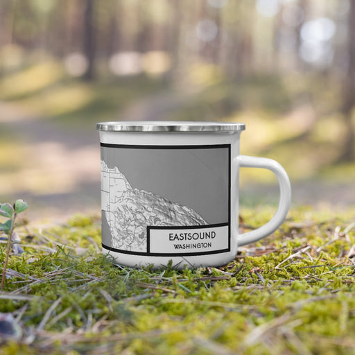 Right View Custom Eastsound Washington Map Enamel Mug in Classic on Grass With Trees in Background