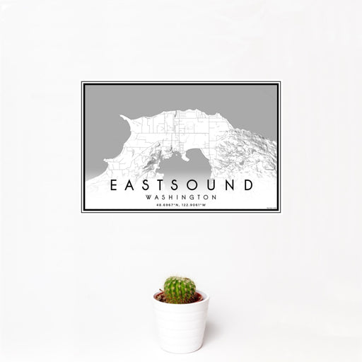 12x18 Eastsound Washington Map Print Landscape Orientation in Classic Style With Small Cactus Plant in White Planter