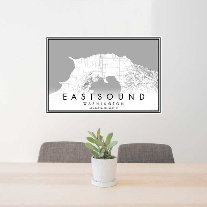 24x36 Eastsound Washington Map Print Landscape Orientation in Classic Style Behind 2 Chairs Table and Potted Plant