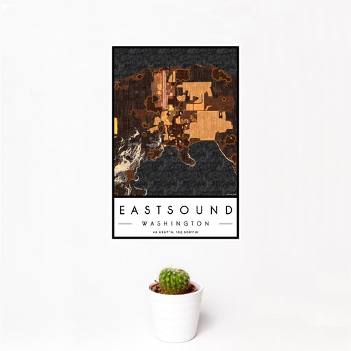 12x18 Eastsound Washington Map Print Portrait Orientation in Ember Style With Small Cactus Plant in White Planter