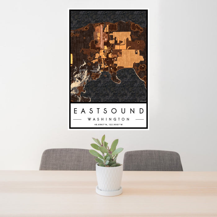 24x36 Eastsound Washington Map Print Portrait Orientation in Ember Style Behind 2 Chairs Table and Potted Plant