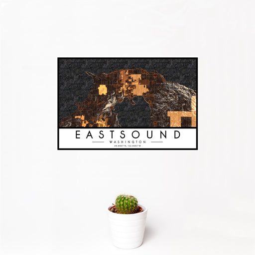 12x18 Eastsound Washington Map Print Landscape Orientation in Ember Style With Small Cactus Plant in White Planter