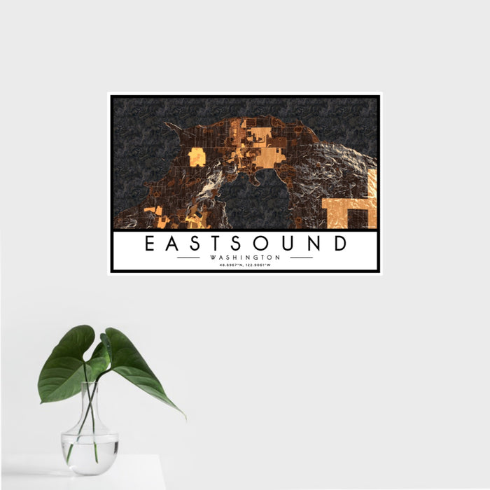 16x24 Eastsound Washington Map Print Landscape Orientation in Ember Style With Tropical Plant Leaves in Water