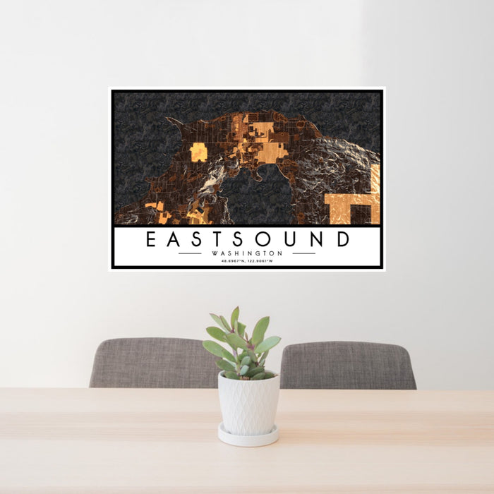 24x36 Eastsound Washington Map Print Landscape Orientation in Ember Style Behind 2 Chairs Table and Potted Plant